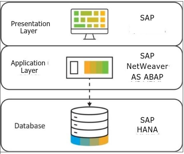 Sap architecture showing presentation layer, application layer and database layer